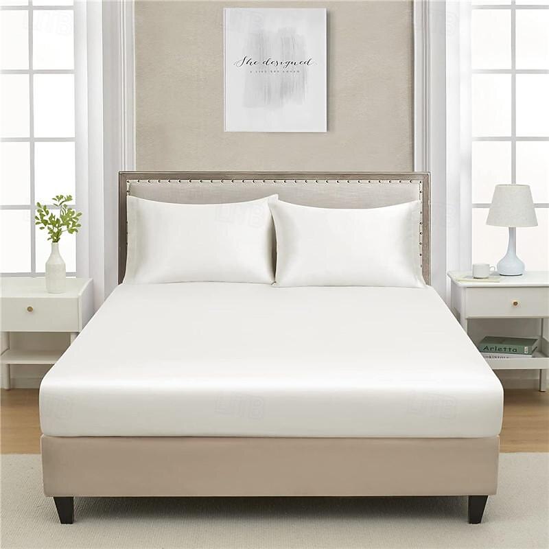 Cooling Satin Fitted Sheet Solid Color Mattress Cover with Elastic Band Bedsheet Single Double Queen King Size Fit Sheet