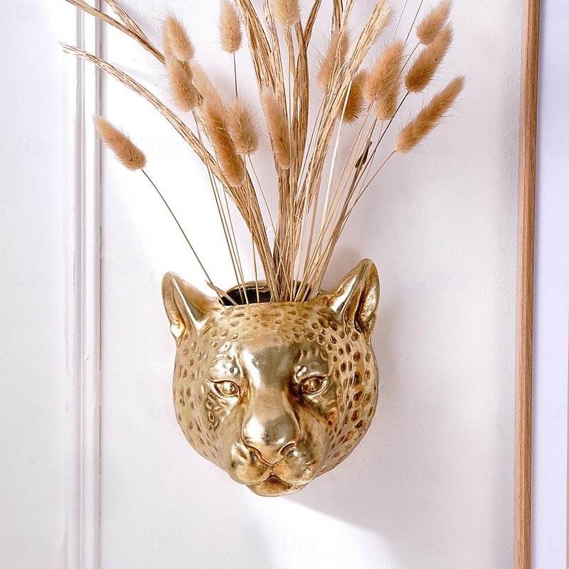 Vintage Gold and Silver Leopard Head Wall Decor, Gold and Silver Foil Surface, Wall Hanging Flower Vase and Storage, Creative Cute Animal Wall Art for Home Decoration3