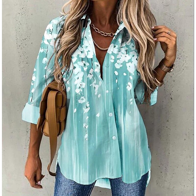 Women's Chiffon Shirt Light Gradient Floral Print Casual Button-Down Long Sleeve Lapel Collar Tops Blouse Breathable Relaxed Fit Multiple Sizes