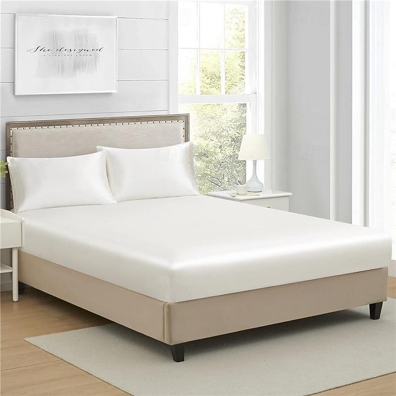 Cooling Satin Fitted Sheet Solid Color Mattress Cover with Elastic Band Bedsheet Single Double Queen King Size Fit Sheet2