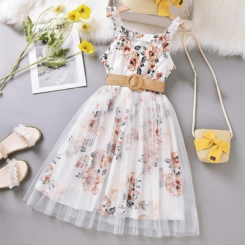 Kids Girls' Dress Graphic Sleeveless Formal Performance Party Fashion Cute Polyester Summer Spring 3-13 Years Black White