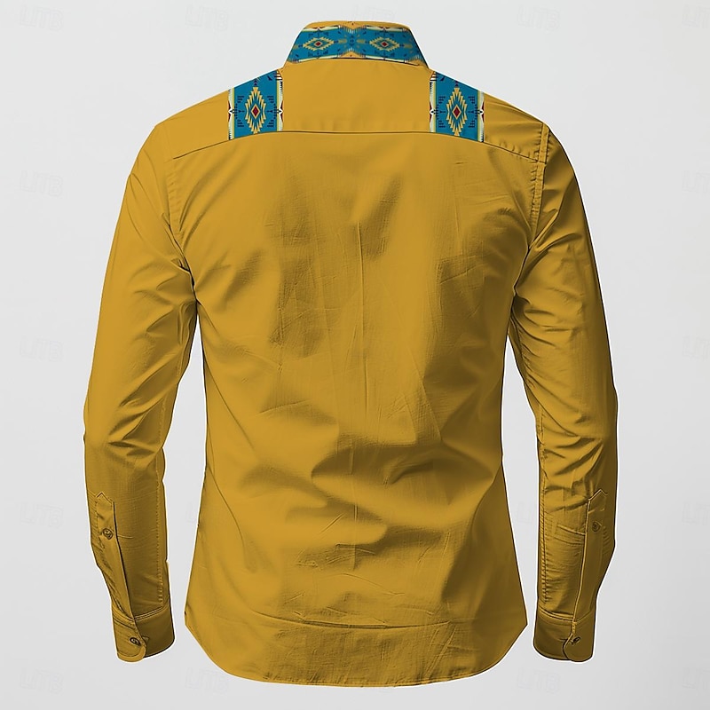 Men's Shirt Western Shirt Cowboy Shirt Long Sleeve Vintage Western Style Outdoor Street Casual Daily Fall & Winter Turndown Buttons Print Yellow2