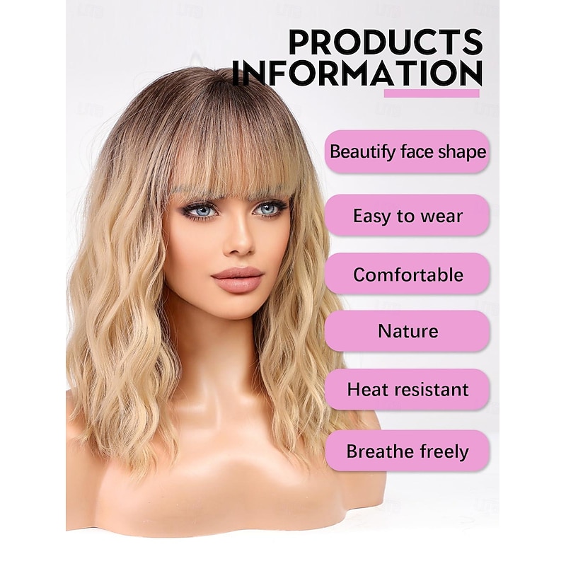 Short Blonde Bob Wigs for Women,Synthetic Wavy Curly Hair Wig with Bangs for Daily 12 inch Auburn Burgundy Blonde Black Light Blonde Wigs2