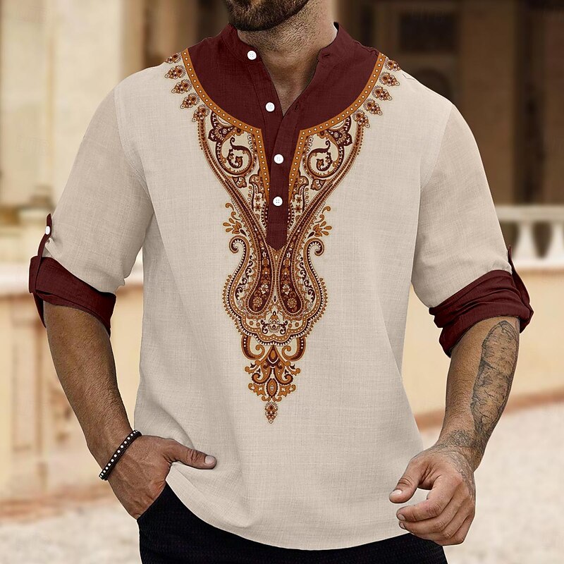 Men's Shirt Linen Shirt Button Up Shirt Long Sleeve Fashion Casual Vacation Causal Casual Summer Spring &  Fall Stand Collar Buttons Print Beige