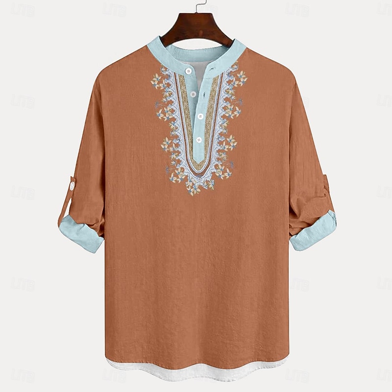 Men's Shirt Linen Shirt Button Up Shirt Long Sleeve Fashion Casual Vacation Causal Casual Summer Spring &  Fall Stand Collar Buttons Print Light Blue Red Blue Green2