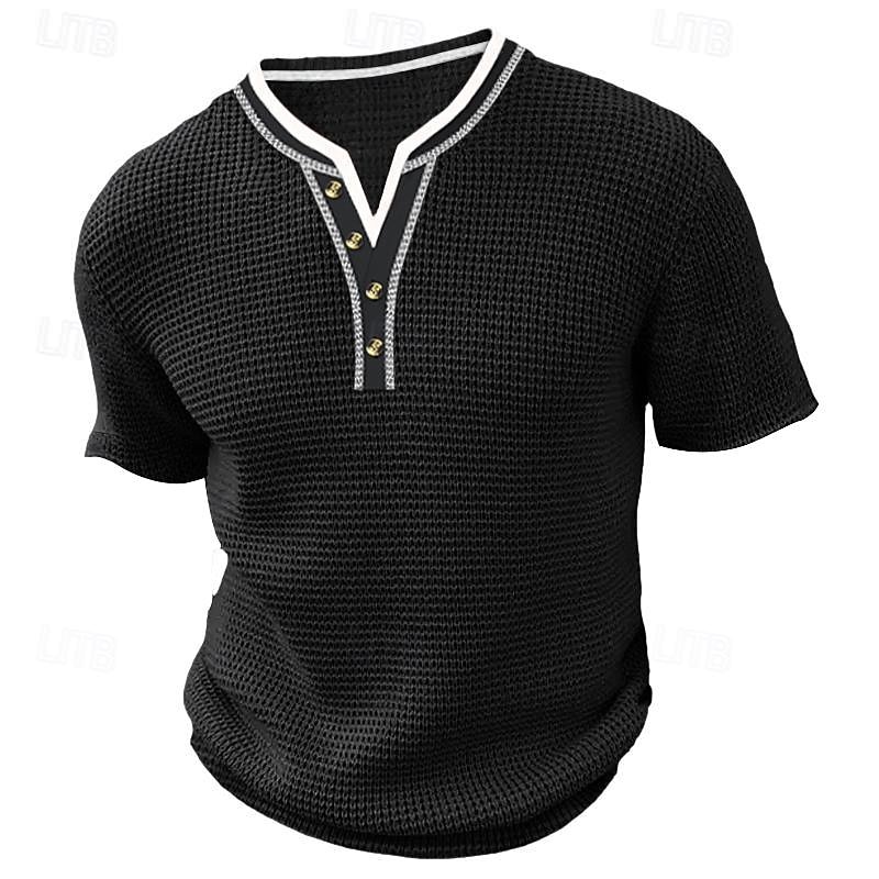 Men's Henley Shirt Short Sleeve Shirt Tee Top Solid Color Henley Outdoor Street Button Clothing Apparel Daily Hawaiian3