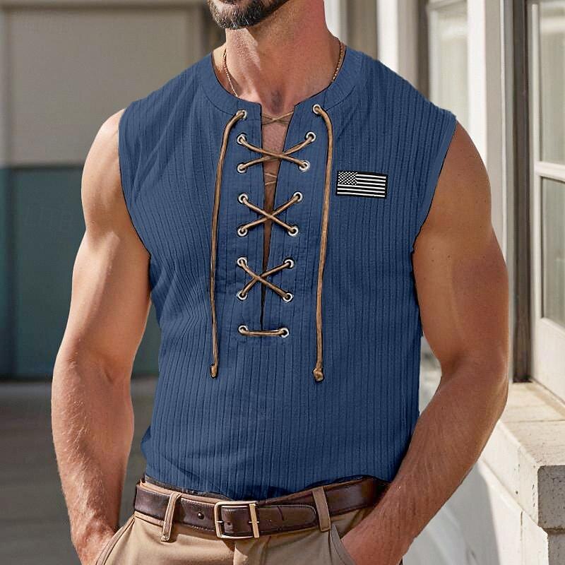 Men's Tank Top Vest Top Undershirt Sleeveless Shirt Ribbed Knit tee Plain American Flag Pit Strip V Neck Outdoor Going out Sleeveless Lace up Clothing Apparel Fashion Designer Muscle4
