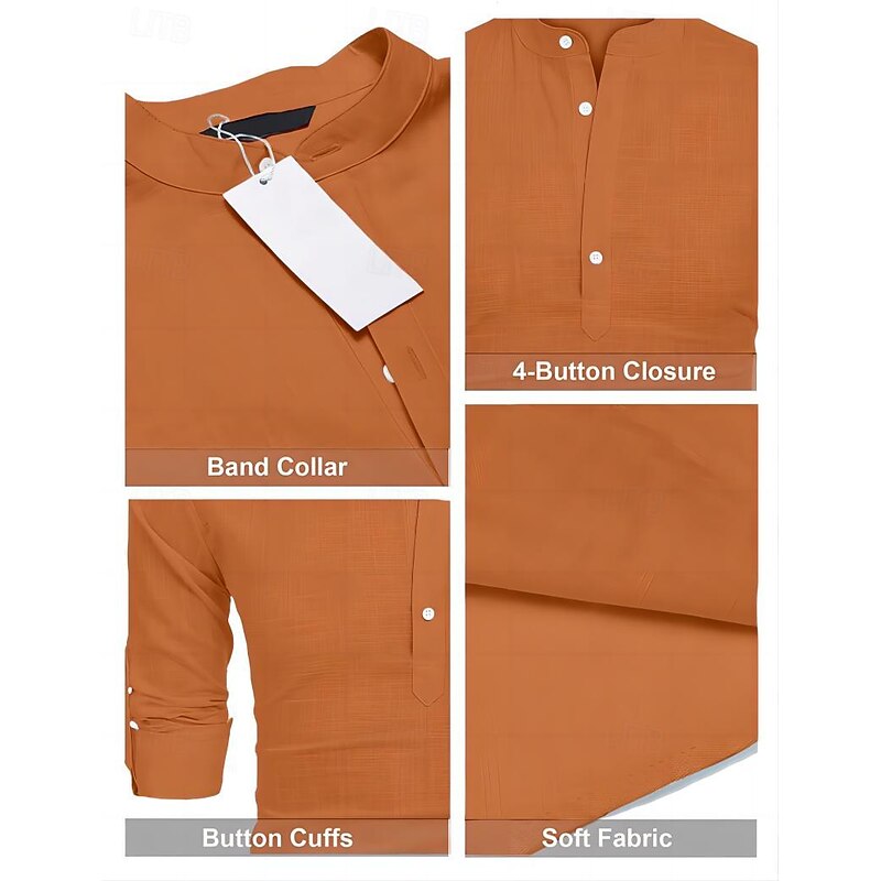 Men's Linen Shirt Popover Shirt Summer Shirt Beach Wear Casual Shirt Band Collar Shirt Plain Vacation Hawaiian Black White Pink Blue Long Sleeve Henley Spring & Summer Clothing Apparel4