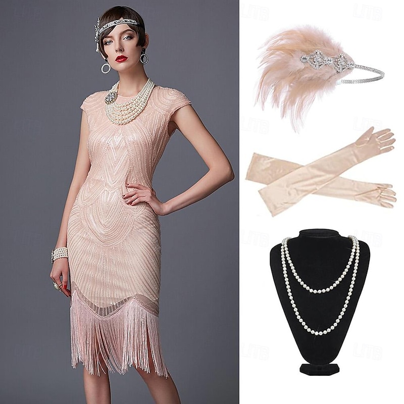 Roaring 20s 1920s Cocktail Dress with Accessories Set Flapper Dress Prom Dress Prom Dresses Party Dress Gatsby Charleston Women's Sequins Wedding Party Wedding Guest Dress