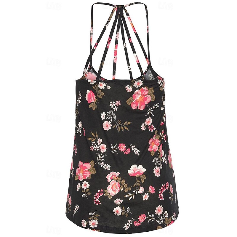 Women's Camisole Tank Top Casual Floral Print Sleeveless Regular Tops U Neck Vacation Black Summer4