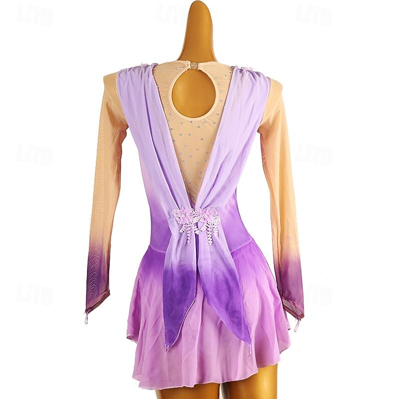 Figure Skating Dress Women's Girls' Ice Skating Dress Light Purple Patchwork Open Back Mesh Spandex High Elasticity Training Practice Professional Skating Wear Classic Crystal / Rhinestone Long Sleeve4