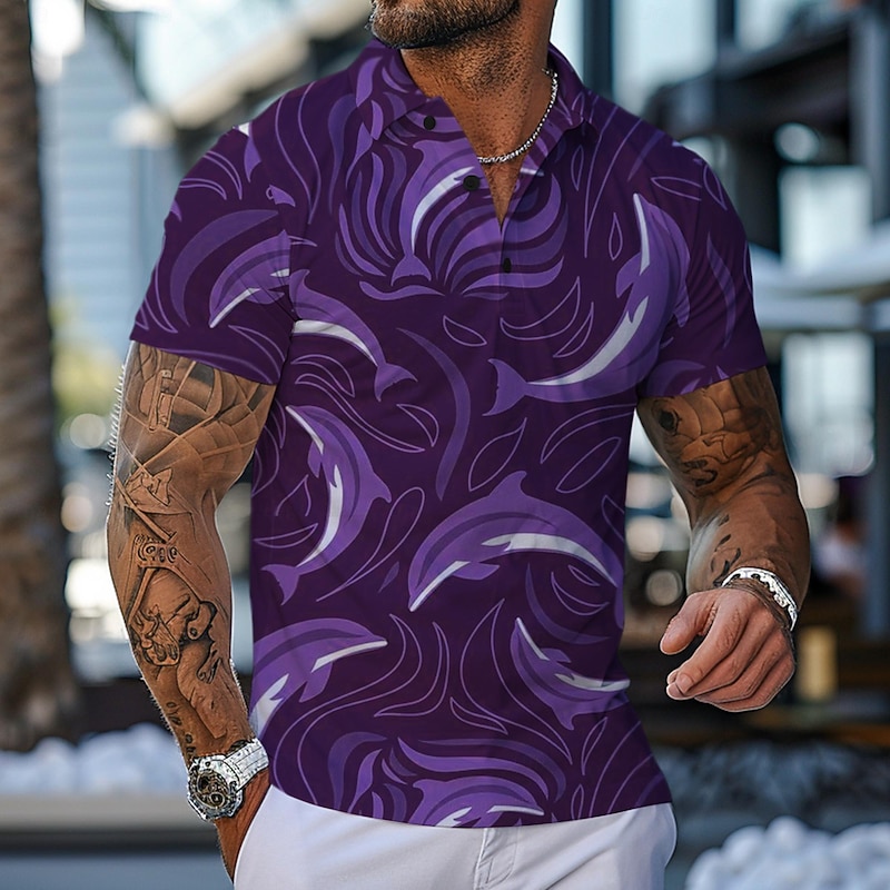 Kentucky Derby Men's Hawaiian Polo Shirts Golf Shirt Short Sleeve Polo Shirts Collared Shirts Beach Wear Vacation Wear Tropical Wear Party Outfits Buttons 3D Print Spring & Summer Purple Dark Blue4