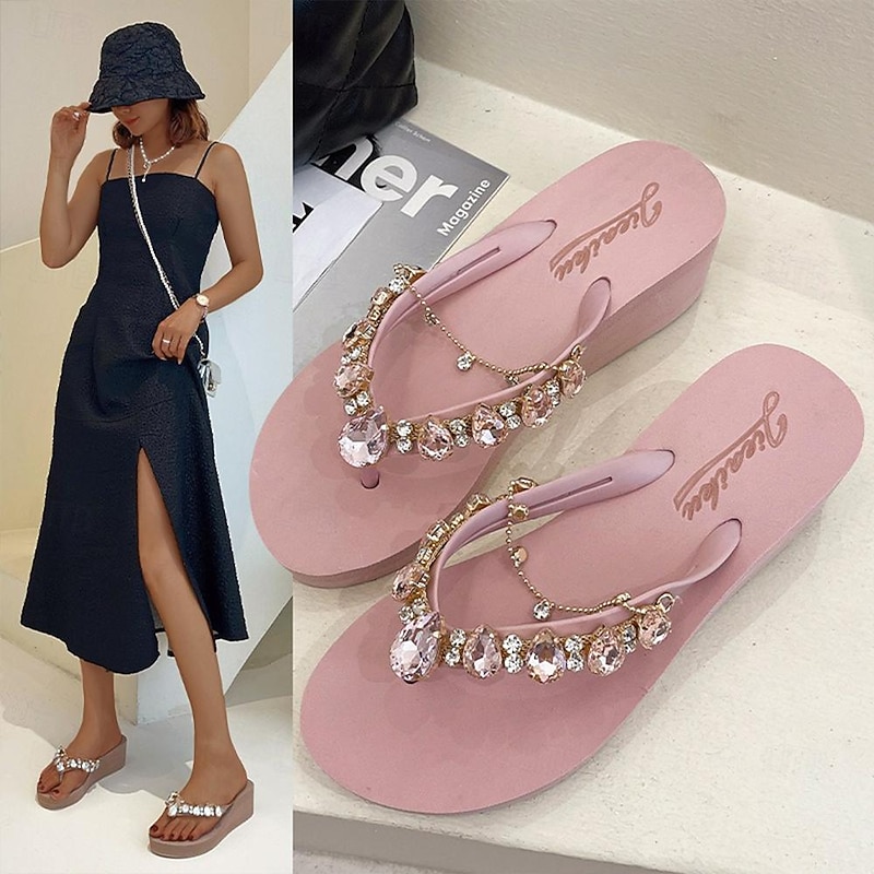 Women's Pink Rhinestone-Embellished Wedge Flip-Flops - Stylish Beach Sandals for Summer and Casual Wear