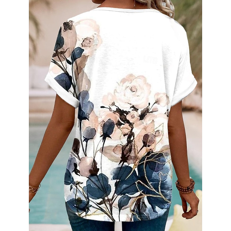 Women's T-shirt Floral Print V-Neck Short Sleeve Casual Top Blush Navy Multi-size Spring Summer Daily Wear Comfortable Blouse2