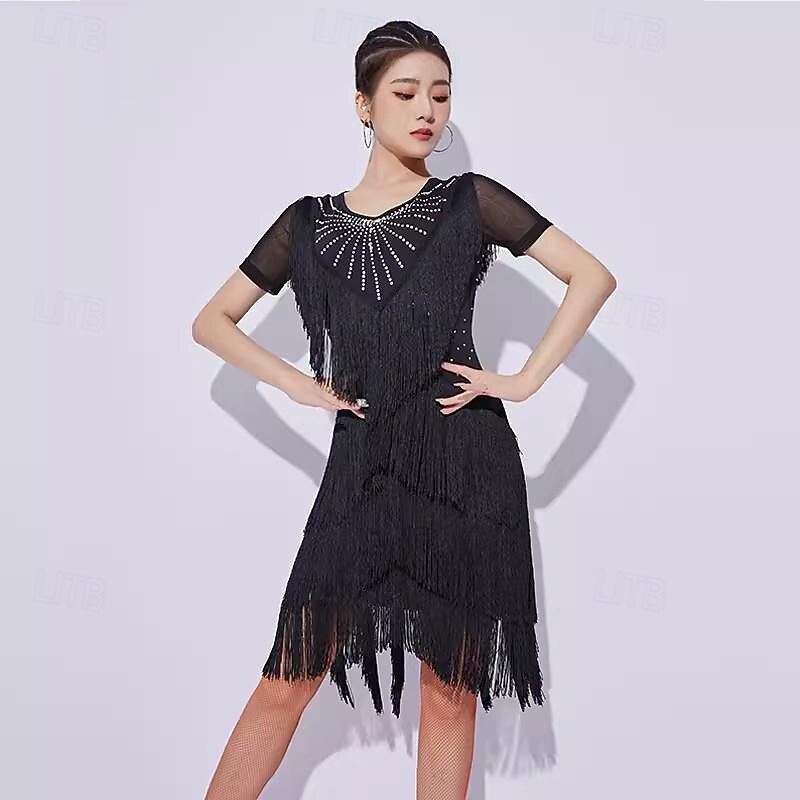 Latin Dance Dress Tassel Splicing Crystals / Rhinestones Women's Performance Training Short Sleeve Mesh Milk Fiber3