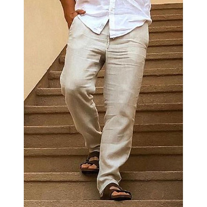 Men's Linen Pants Trousers Summer Pants Drawstring Elastic Waist Plain Comfort Soft Daily Beach Fashion Simple Khaki Micro-elastic