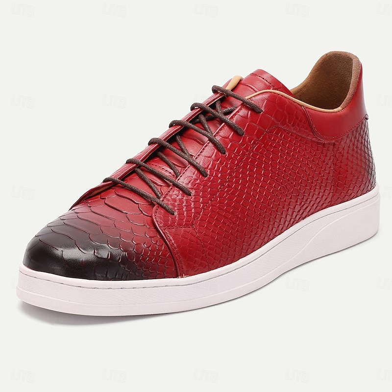 Men's Dress Sneakers Leather Italian Full-Grain Cowhide Slip Resistant Lace-up Black Red2