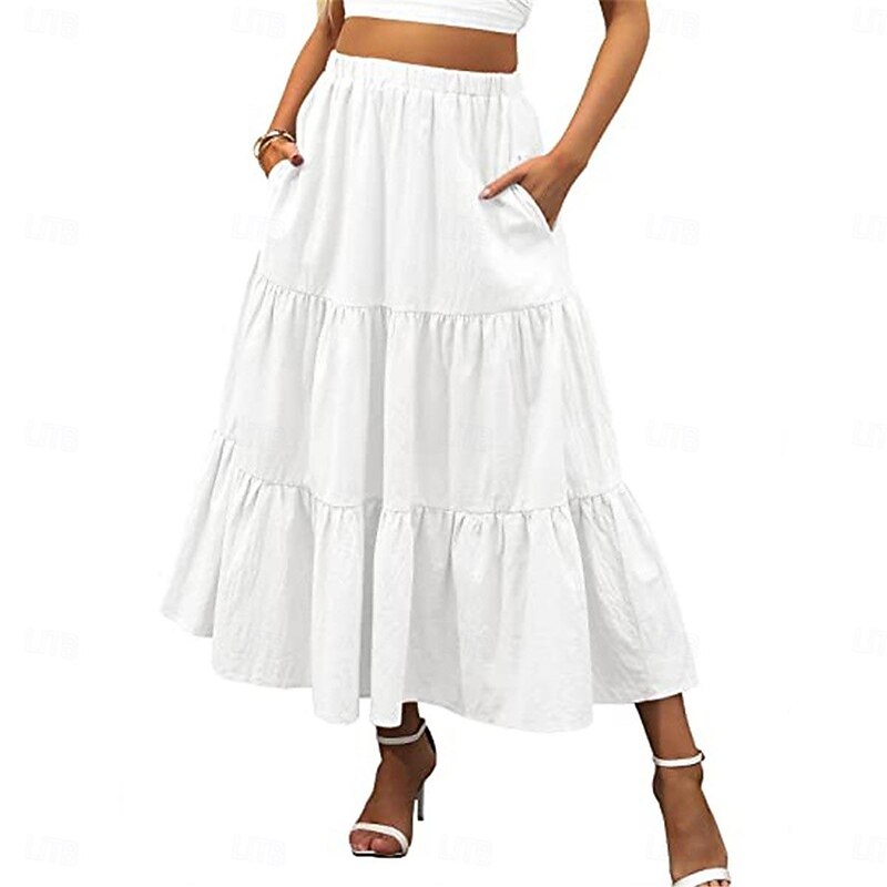 Women's Skirt A Line Swing Maxi Skirts Ruffle Pocket Solid Colored Casual Daily Weekend Summer Fashion Casual Black White Red Light Blue2