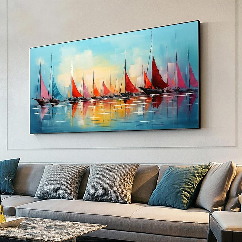 Mintura Handmade Boat Oil Paintings On Canvas Large Wall Art Decoration Modern Abstract Sailboat Landscape Picture For Home Decor Rolled Frameless Unstretched Painting3