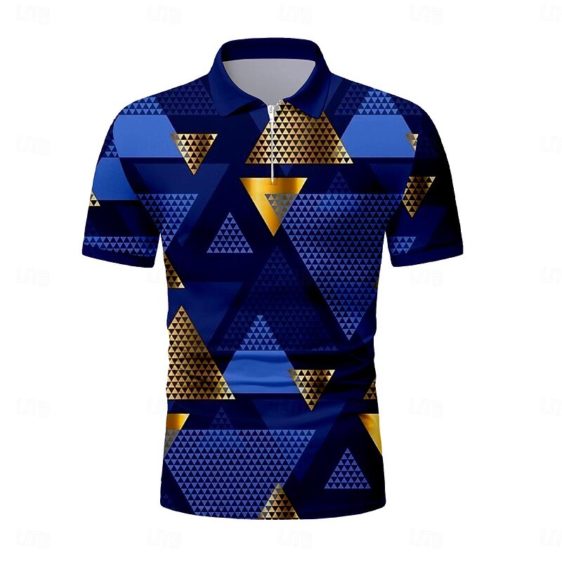 Men's Graphic Zip Polo Shirts Golf Shirt Short Sleeve Polo Shirts Collared Shirts Casual Vacation Wear Rave Wear Party Outfits 3D Print Quarter Zip Polo Summer Golden yellow Black Navy Blue3