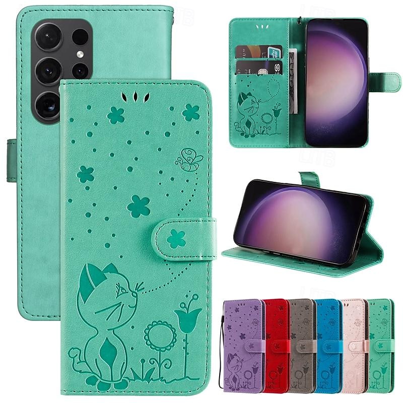 Phone Case For Samsung Galaxy S25 S24 S23 S23 FE S22 S21 Ultra Plus A55 5G A35 5G A25 A15 Wallet Case Magnetic Full Body Protective with Wrist Strap Cat Bee TPU PU Leather