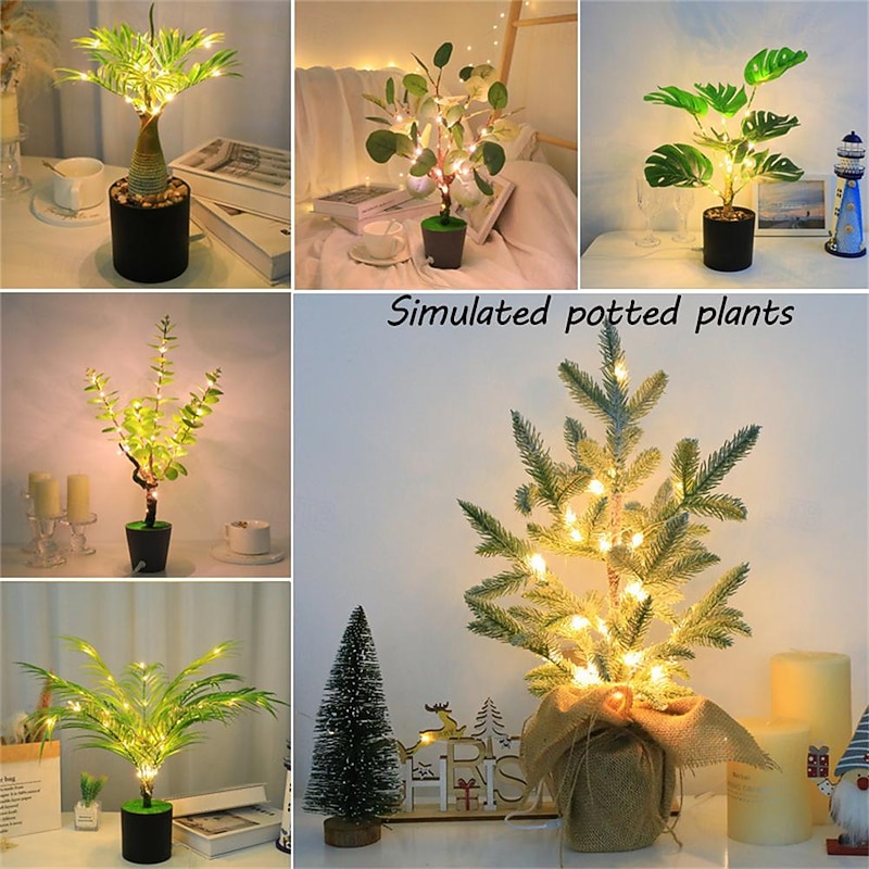 Iree Potted Night Light simulated Rechargeable Green Plants Light USB Plug LED Simulation Plant Night Light Warm Light Bedroom Decoration