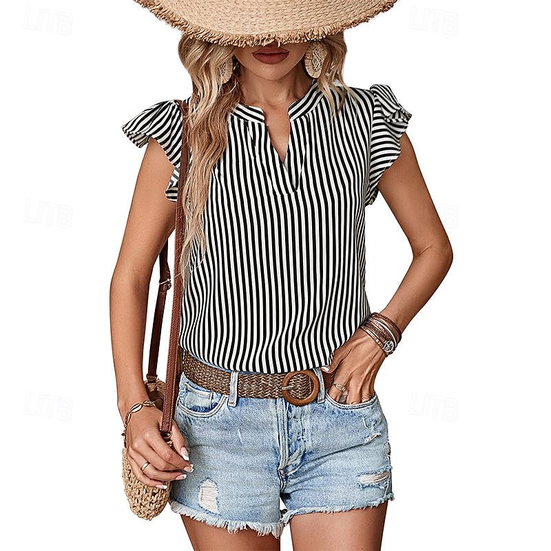 Women's Shirt Blouse Casual Striped Ruffle Print Short Sleeve Regular Tops V Neck Daily Red Navy Blue Blue Brown Green Summer2