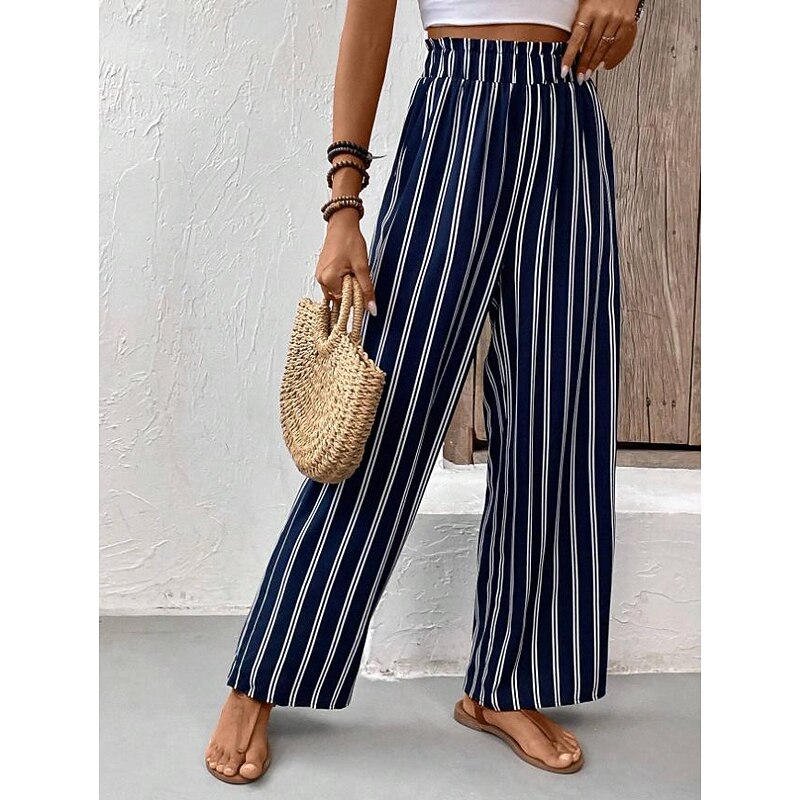 Women's Wide Leg Pants Trousers Casual Daily Long Striped Wide Leg Printing Breathability Comfortable Micro-elastic Office / Career Navy Blue Spring & Summer Regular Fit3