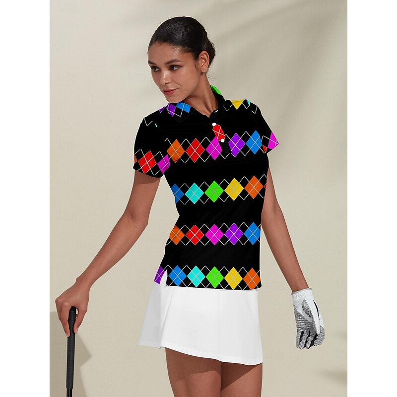 Women's Golf Polo Shirt Black Short Sleeve Sun Protection Top Plaid Ladies Golf Attire Clothes Outfits Wear Apparel 5