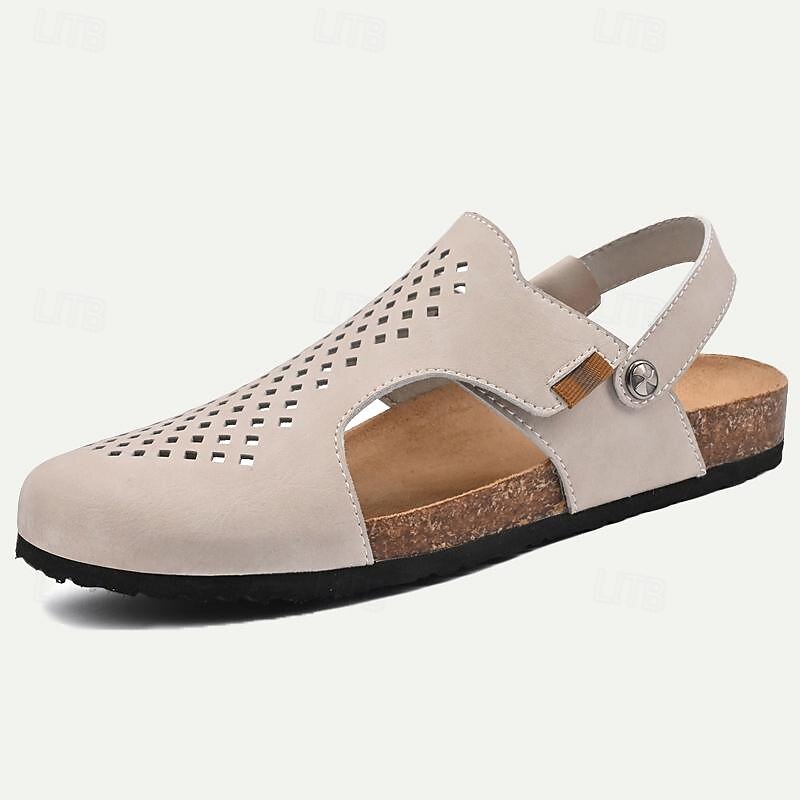 Men's Sandals Slippers & Flip-Flops Flat Sandals Microfiber Breathable Comfortable Slip Resistant Loafer Buckle Brown Beige2