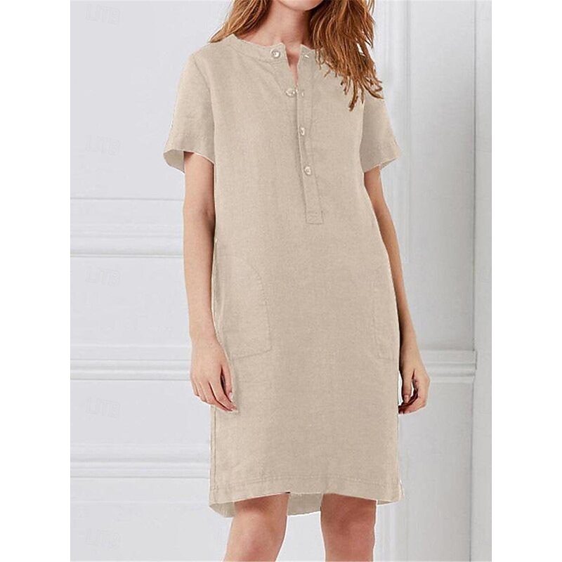 Women's Wine khaki Gray Summer Spring Midi Dress Linen-Inspired Dresses Casual Daily Loose Fit Plain Crew Neck