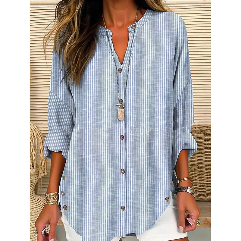 Women's Shirt Blouse Casual Striped Buttons Print Long Sleeve Regular Tops V Neck Vacation Daily Blue Spring & Summer