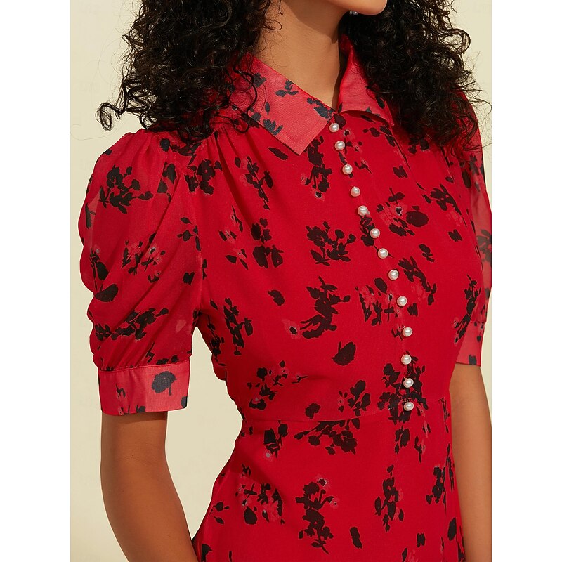 Chiffon Floral Print Puff Sleeve Midi Dress3