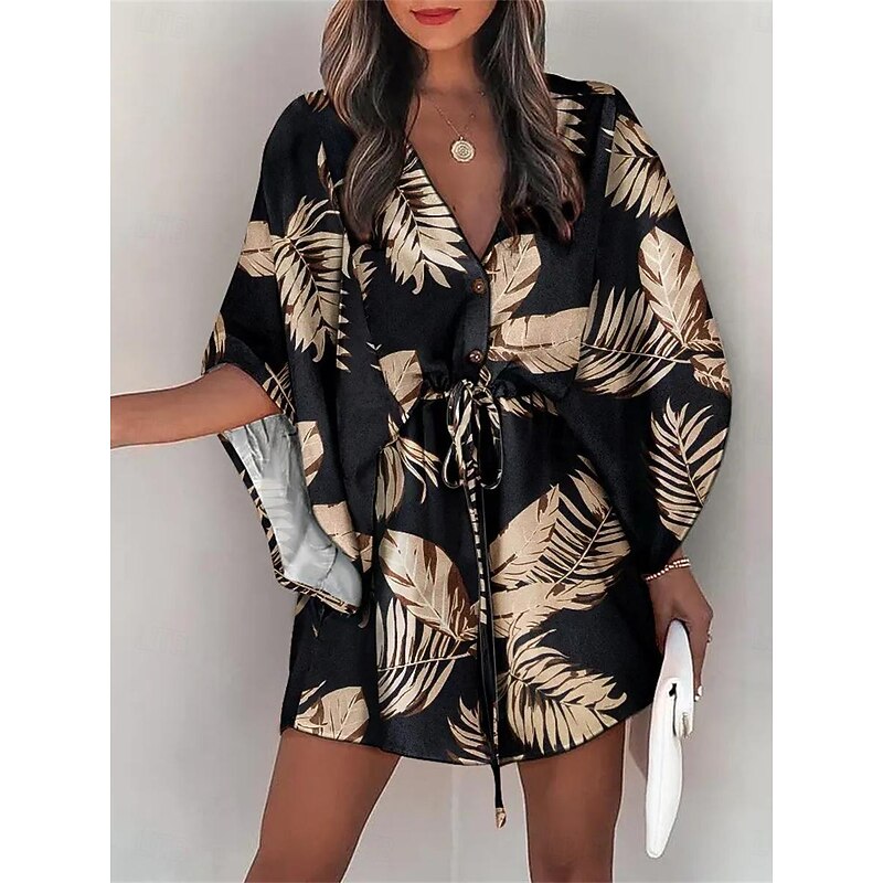Women's Casual Dress Floral Leaf Button Drawstring V Neck Mini Dress Hawaiian Stylish Daily Vacation 3/4 Length Sleeve Summer4