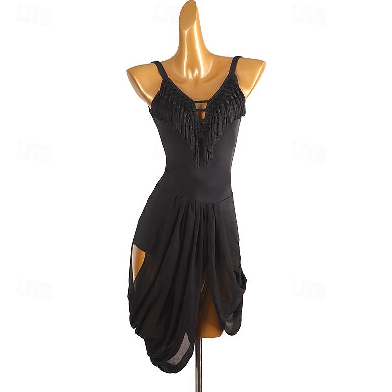 Latin Dance Dress Tassel Pure Color Splicing Women's Performance Training Sleeveless Chinlon Spandex