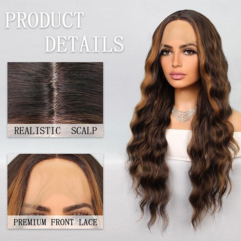Synthetic Lace Wig Wavy Style 26 inch Multi-color Middle Part T Part Wig Women Wig sepia2