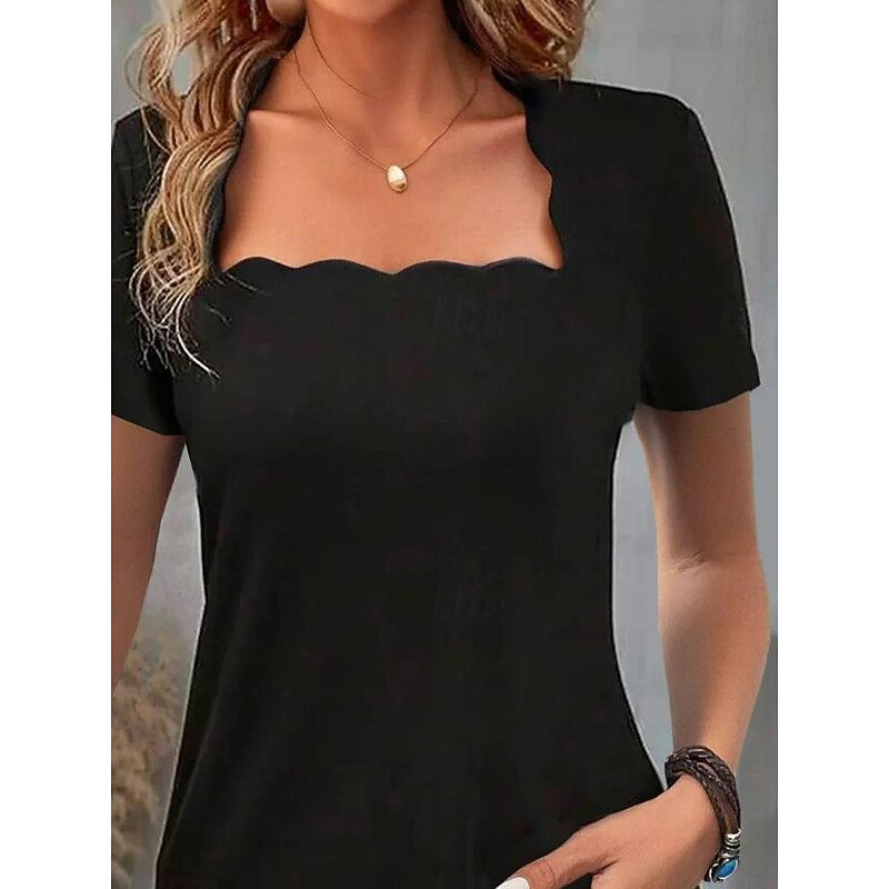Women's Scalloped Neckline T-shirt Short Sleeve Solid Color Slim Fit Stretch Casual Fashion Top Black3