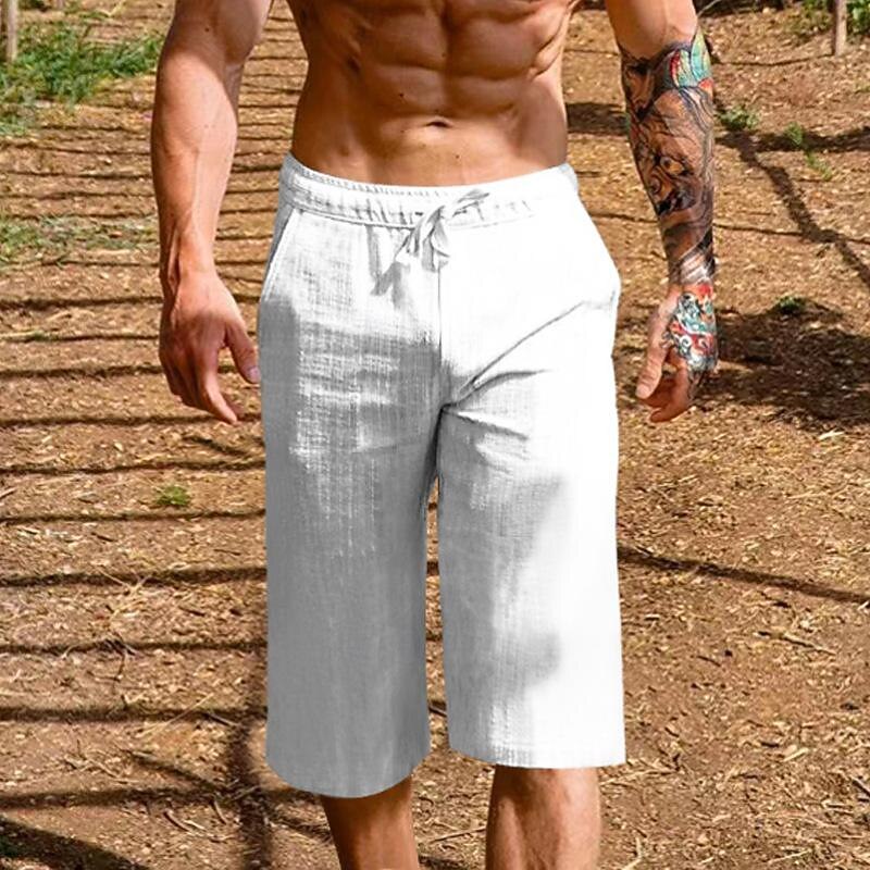 Men's Summer Shorts Beach Shorts Pocket Drawstring Elastic Waist Plain Comfort Breathable Knee Length Vacation Holiday Beach Hawaiian Boho Black White