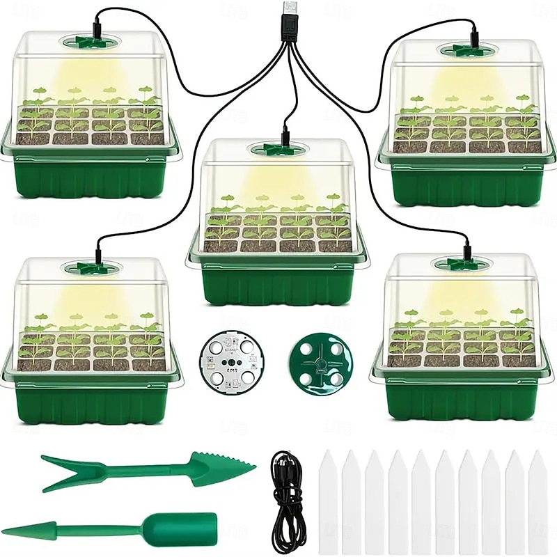 1pcs/5pcs LED Grow Lights Seed Starter Tray with Grow Light Plant Starter Tray Seedling Starter Kit with Humidity Domes Base Indoor Greenhouse Mini Propagator Station for Seeds Growing Starting