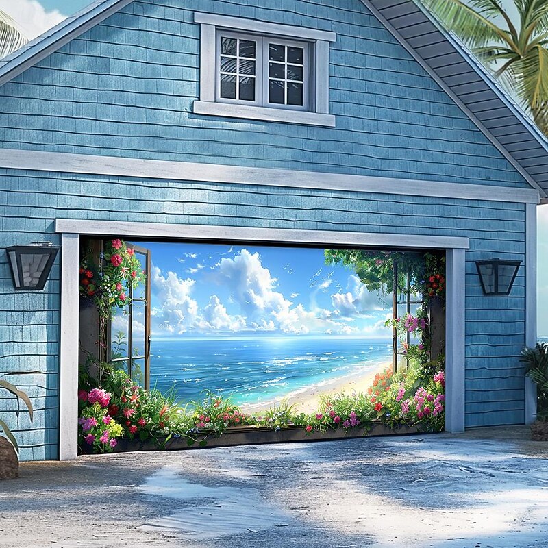 Summer Beach Landscape Outdoor Garage Door Cover Banner Beautiful Large Backdrop Decoration for Outdoor Garage Door Home Wall Decorations Event Party Parade4