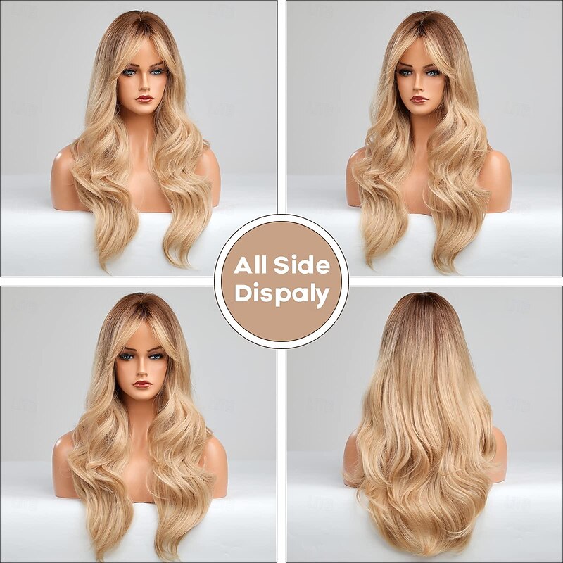 Brown Light Brown Wine Red Black Blonde Long Wigs for Women Long Curly Wavy Wig with Bangs Synthetic Natural Wig for Women Natural Hair Heat Resistant Cosplay Hair Wigs2