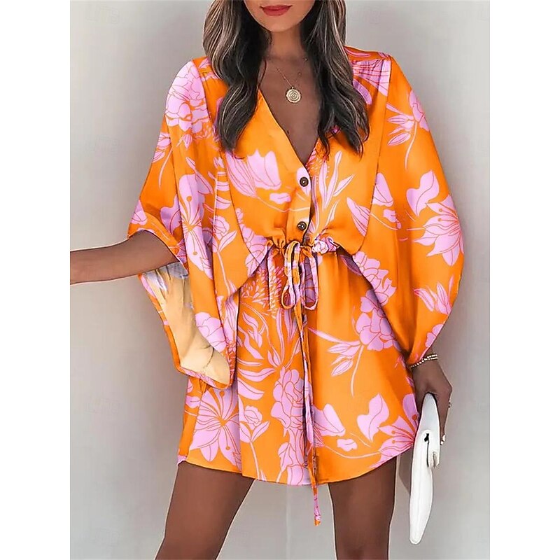 Women's Casual Dress Floral Leaf Button Drawstring V Neck Mini Dress Hawaiian Stylish Daily Vacation 3/4 Length Sleeve Summer2