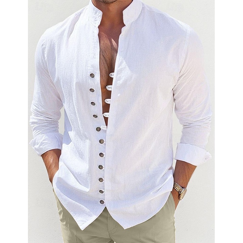 Men's Shirt Linen Shirt Summer Shirt Beach Wear Casual Shirt Button Up Shirt Plain Vacation Daily Black White Pink Blue Long Sleeve Band Collar Summer Spring &  Fall Clothing Apparel
