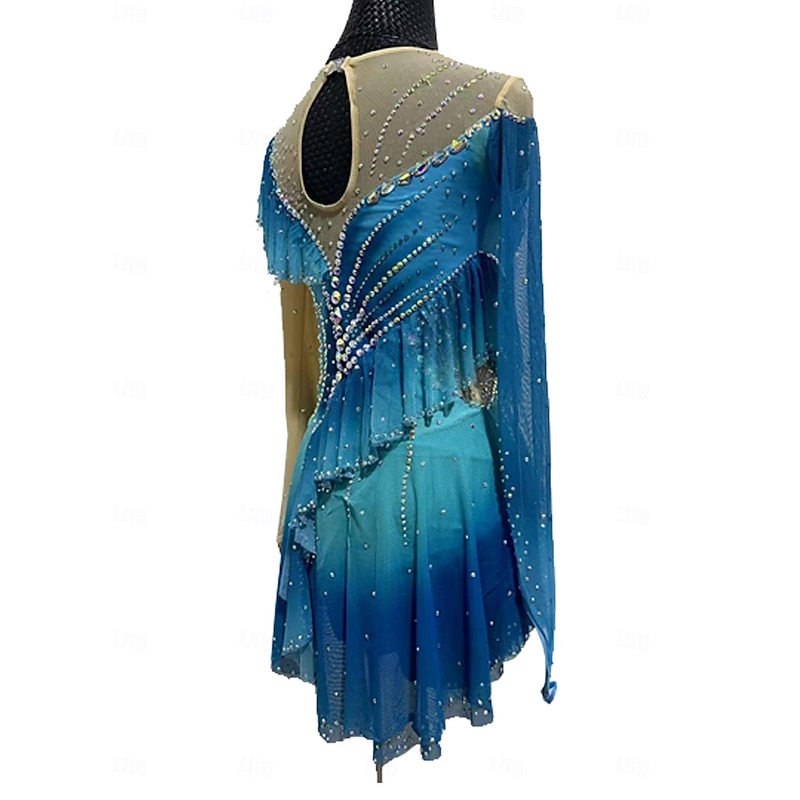 Figure Skating Dress Women's Girls' Ice Skating Dress Forest Green Tassel Mesh Spandex Lace Micro-elastic Training Skating Wear Crystal / Rhinestone Long Sleeve Ice Skating Figure Skating3