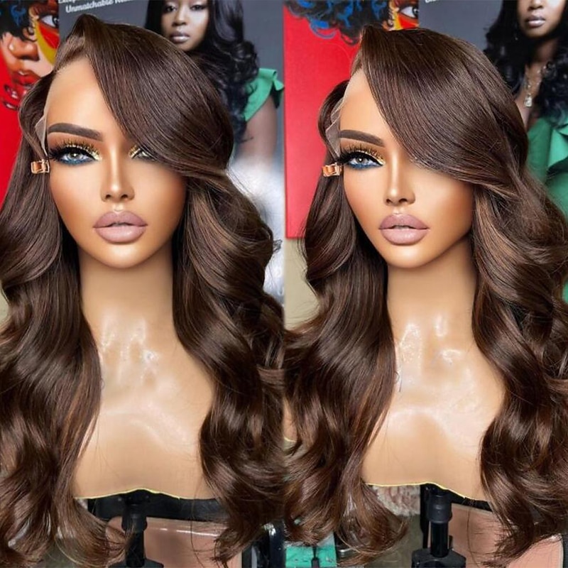 Remy Human Hair 13x4 Lace Front Wig Side Part Brazilian Hair Wavy Brown Wig 130% 150% Density with Baby Hair 100% Virgin Glueless Pre-Plucked For Women Long Human Hair Lace Wig3