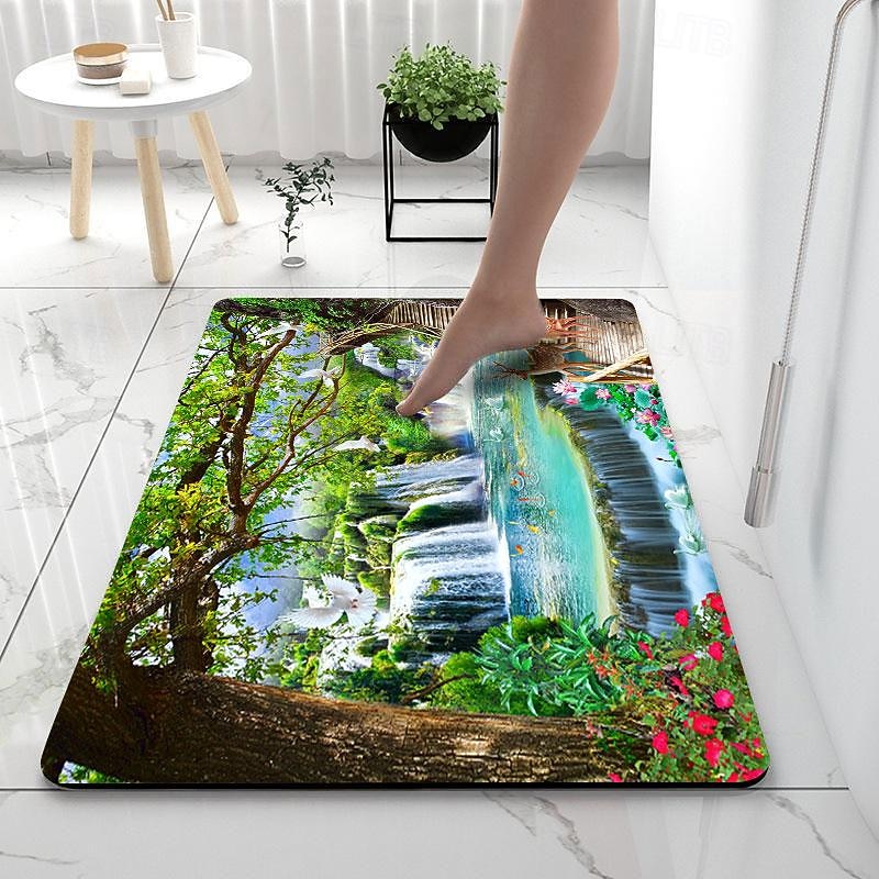 Forest Bath Mat Non-slip Deco Diatomaceous Earth Bath Mat Soft Mat Rubber Anti-Slip Fast Dry Super Absorbent Thin Bathroom Mat for Under Door - Bathroom Floor Mat Rug Bathtub Front Shower Mat Sink