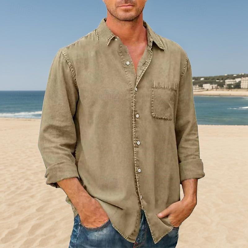 Men's Shirt Summer Shirt Button Up Shirt Casual Shirt Beach Shirt Black White Dark Navy Blue khaki Long Sleeve Plain Lapel Hawaiian Holiday Pocket Clothing Apparel Fashion Casual Comfortable