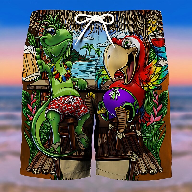 Men's Graphic Tree Parrot Swim Trunks Swim Shorts Board Shorts Mid Waist Fashion Streetwear Designer Casual Daily Holiday Pocket Drawstring Elastic Waist Designer Clothing Apparel