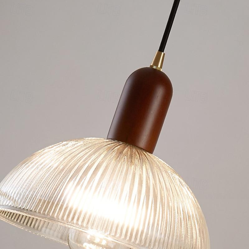 Vintage Semicircular Strpe Glass Pendant Light with Wood Decor for Kitchen Island with E26 Socket Bar Counter Ajustable Height Suspension Lamp for Bedroom Reataurant Loft Cafe Reading4