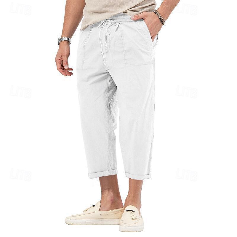 Men's Cropped Pants Beach Pants Casual Pants Pocket Drawstring Elastic Waist Plain Comfort Ankle-Length Sports Outdoor Daily Fashion Casual Black White Micro-elastic2